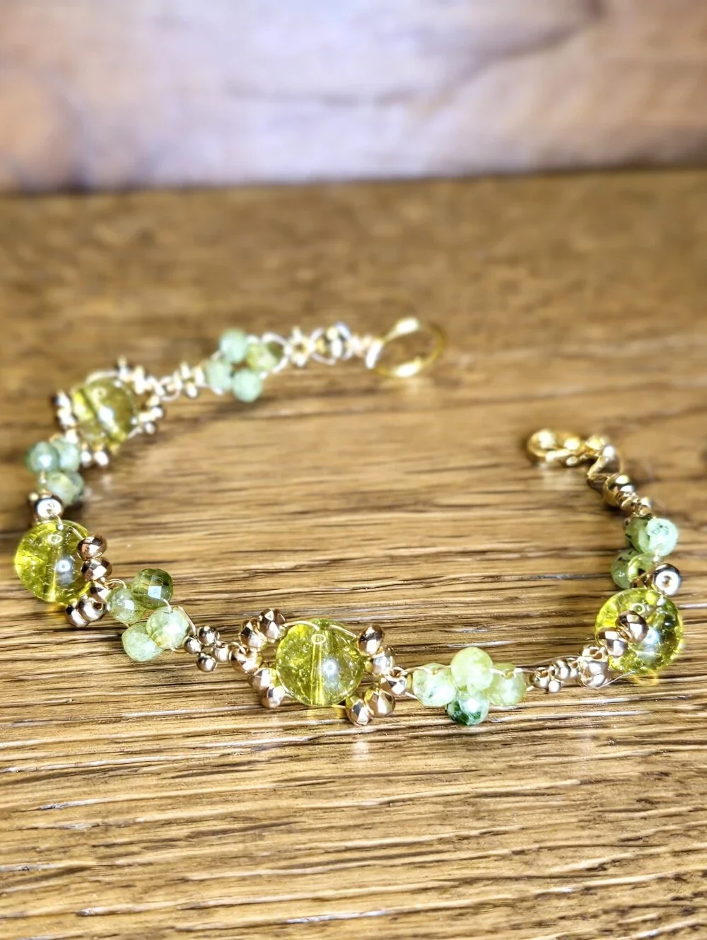 Handwoven Natural Peridot Stone Bracelet - Dainty Handmade Gold Bead Jewelry